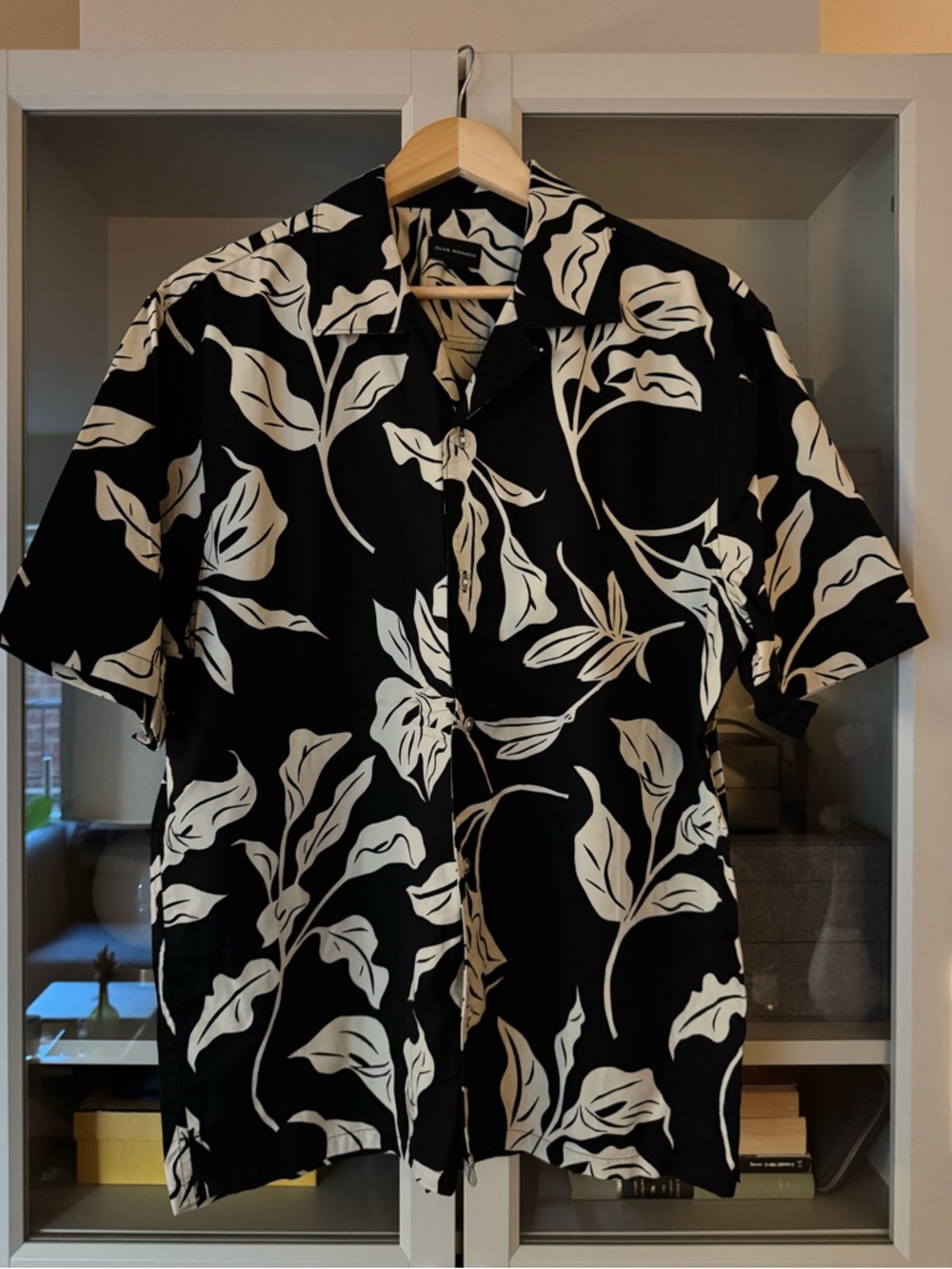 Club Monaco Black & White Floral Camp Collar Shirt, Size L